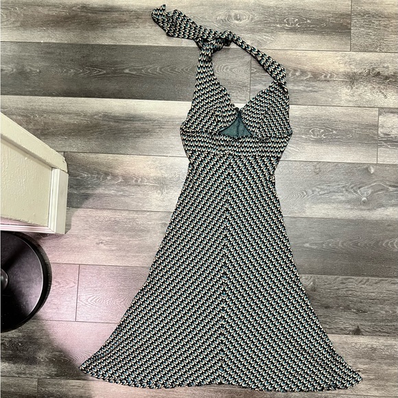 🚫SOLD🚫 Vintage Betsey Johnson Peacock Halter Midi Dress Art Nouveau Style - Picture 2 of 4